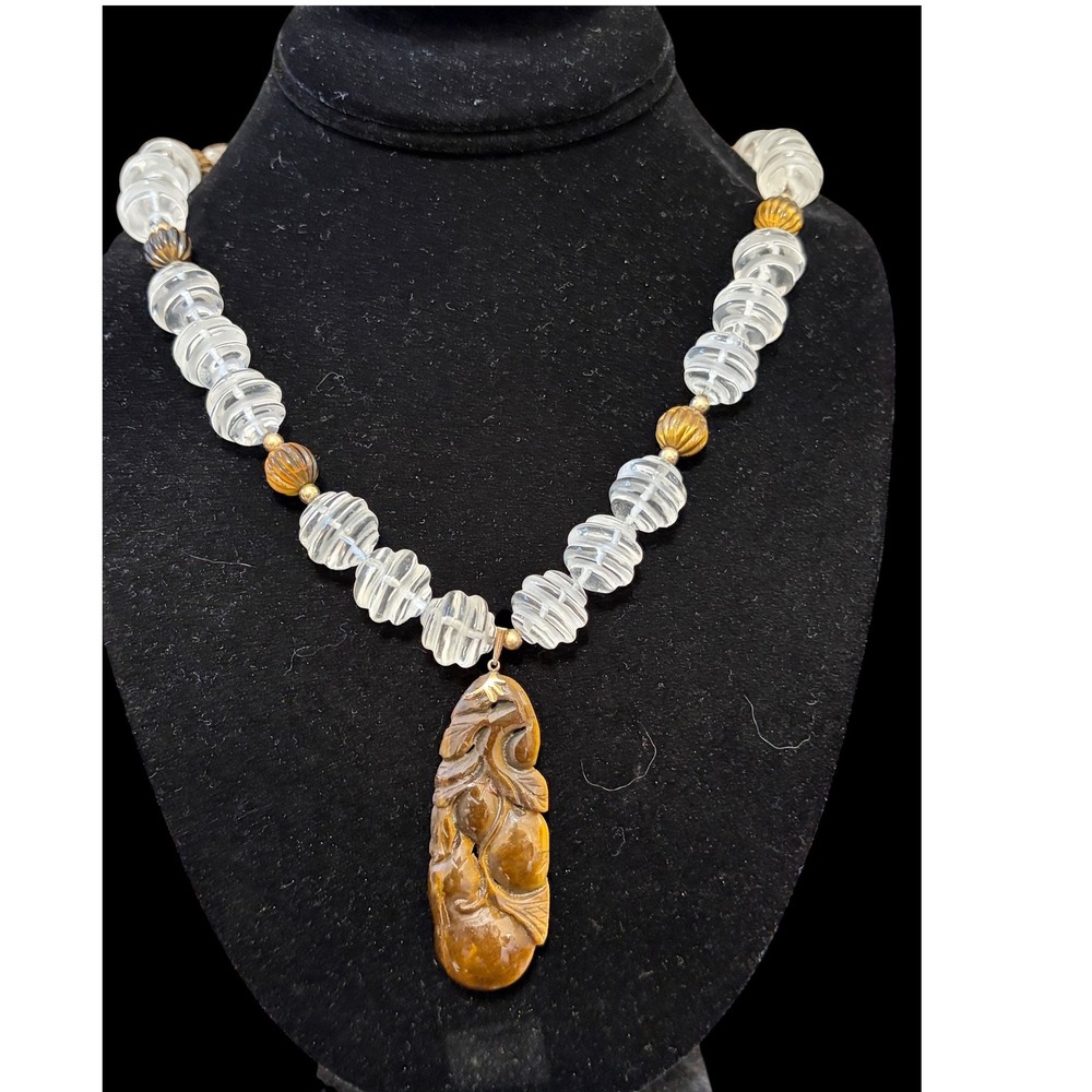 14k Gold Carved Crystal Quartz Tiger Eye Beaded Pendant Necklace 22 Inch